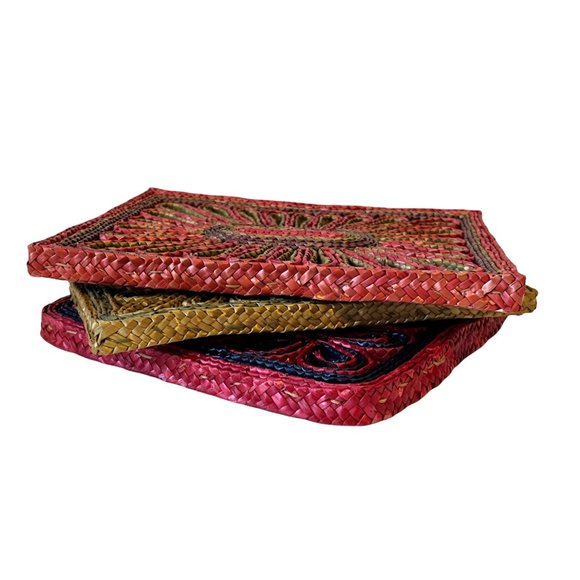 3 Vintage Wicker Rattan Hot Pad Trivets Woven Red Blue Purple Turquoise 6x8" - Picture 3 of 5